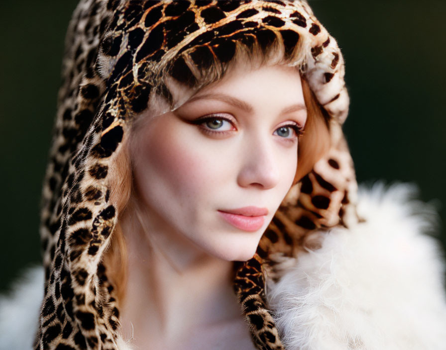 Fair-skinned woman in leopard print headscarf and white fur coat gazes at camera