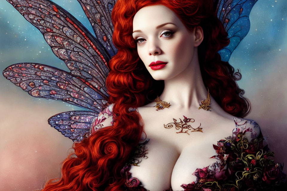 Digital artwork: Woman with red hair, butterfly wings, floral tattoo, bouquet