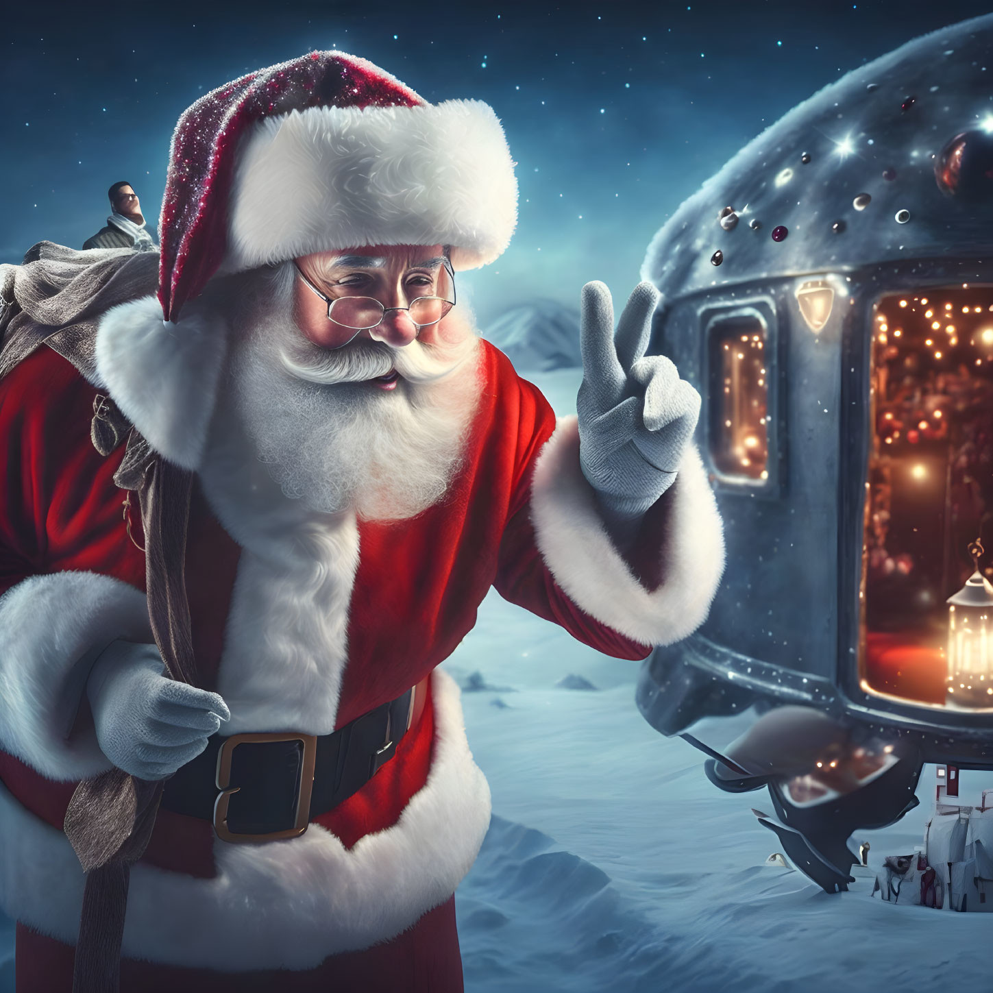 Santa Claus with peace sign in snowy landscape beside futuristic submarine.