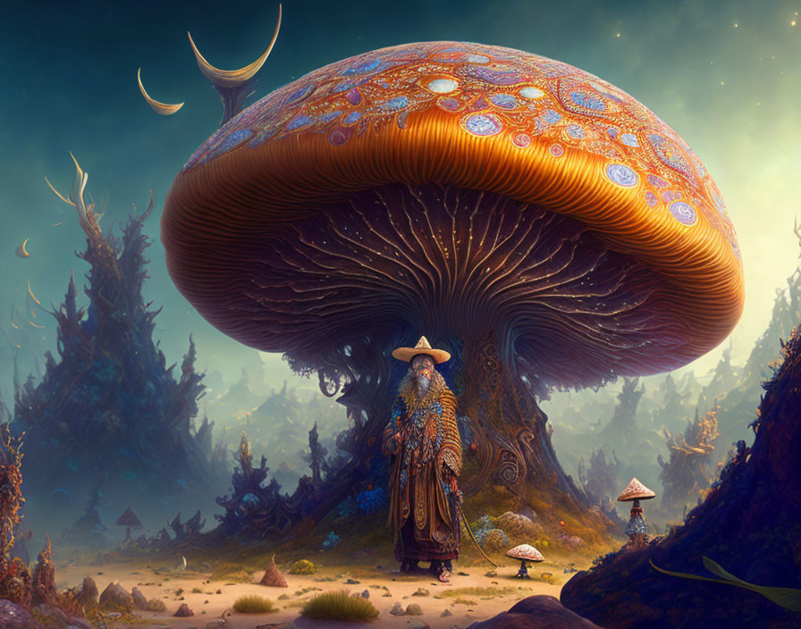 Person standing under giant mushroom in alien forest with crescent moons