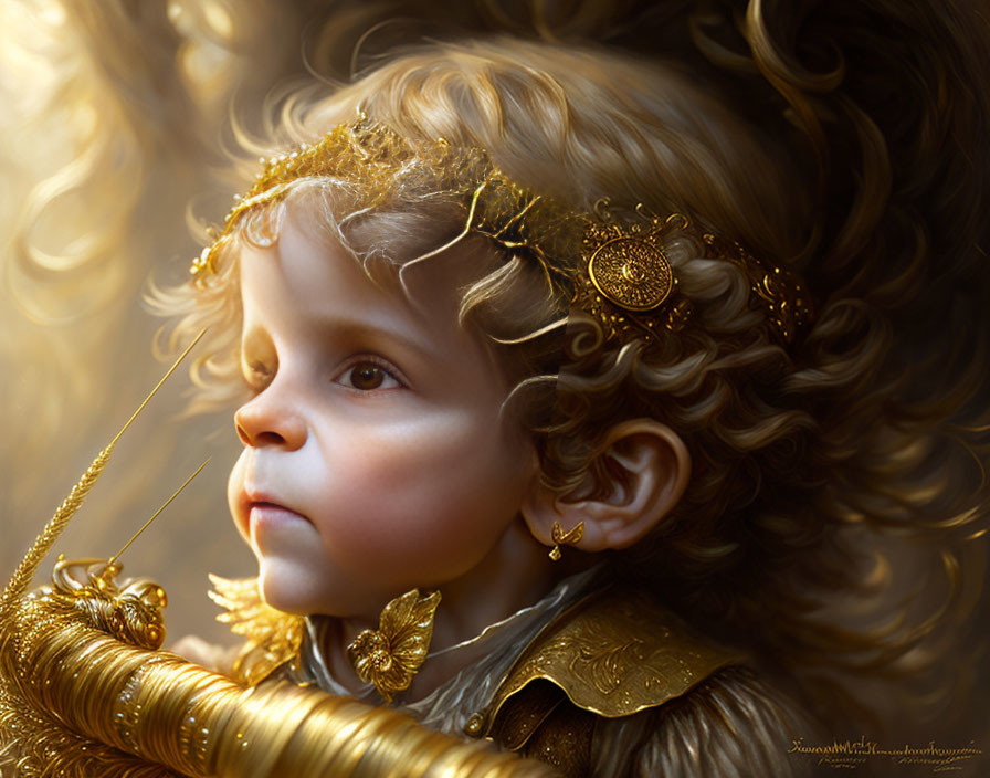 Golden-haired child with ornate headpiece in contemplative gaze