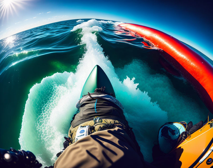 Person jet skiing on vibrant blue ocean waves with clear sky and another jet ski.