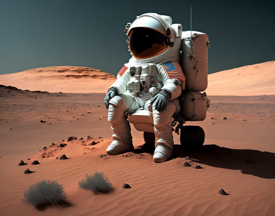 Astronaut in white space suit on Mars-like terrain with rover and shrubs