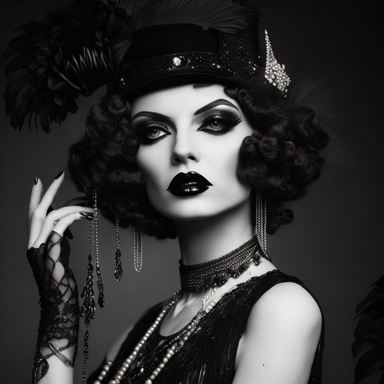 Monochrome portrait of woman with retro makeup and elegant accessories