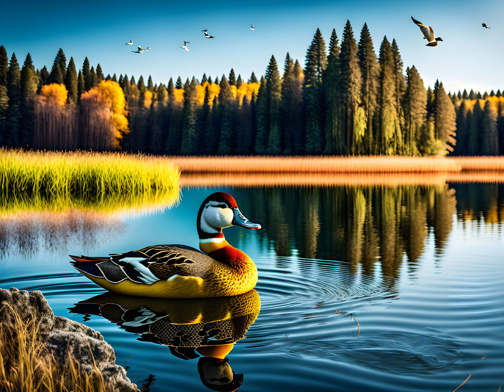 Vibrant duck on calm lake with autumn scenery and flying birds