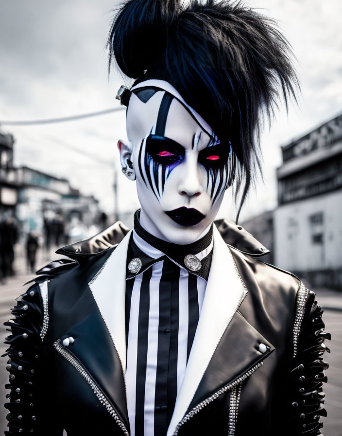 Gothic person with black and white makeup, mohawk, and leather jacket