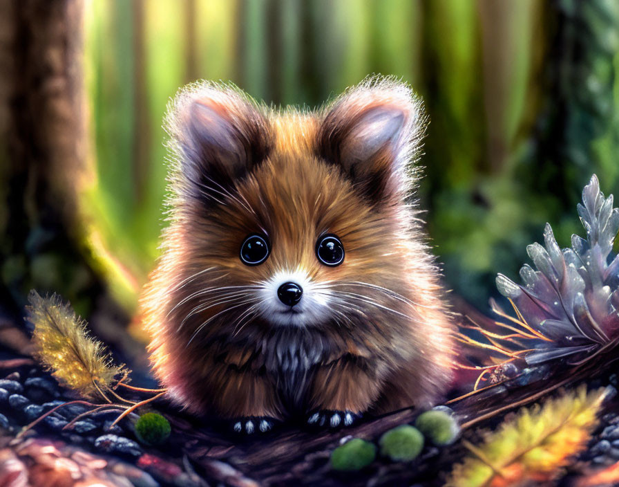 Fluffy creature with expressive eyes in forest setting