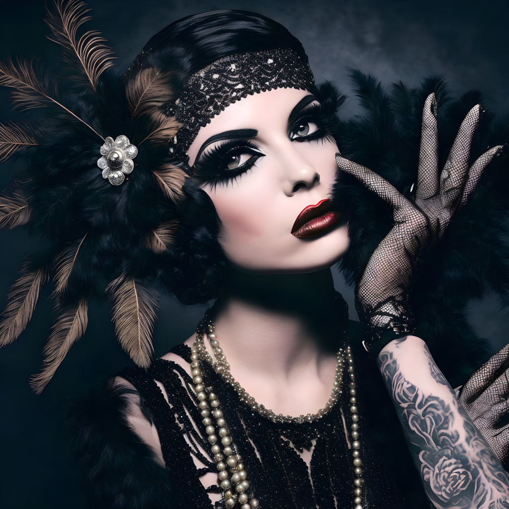 1920s vintage fashion woman with feather headband and tattoo pose against dark backdrop