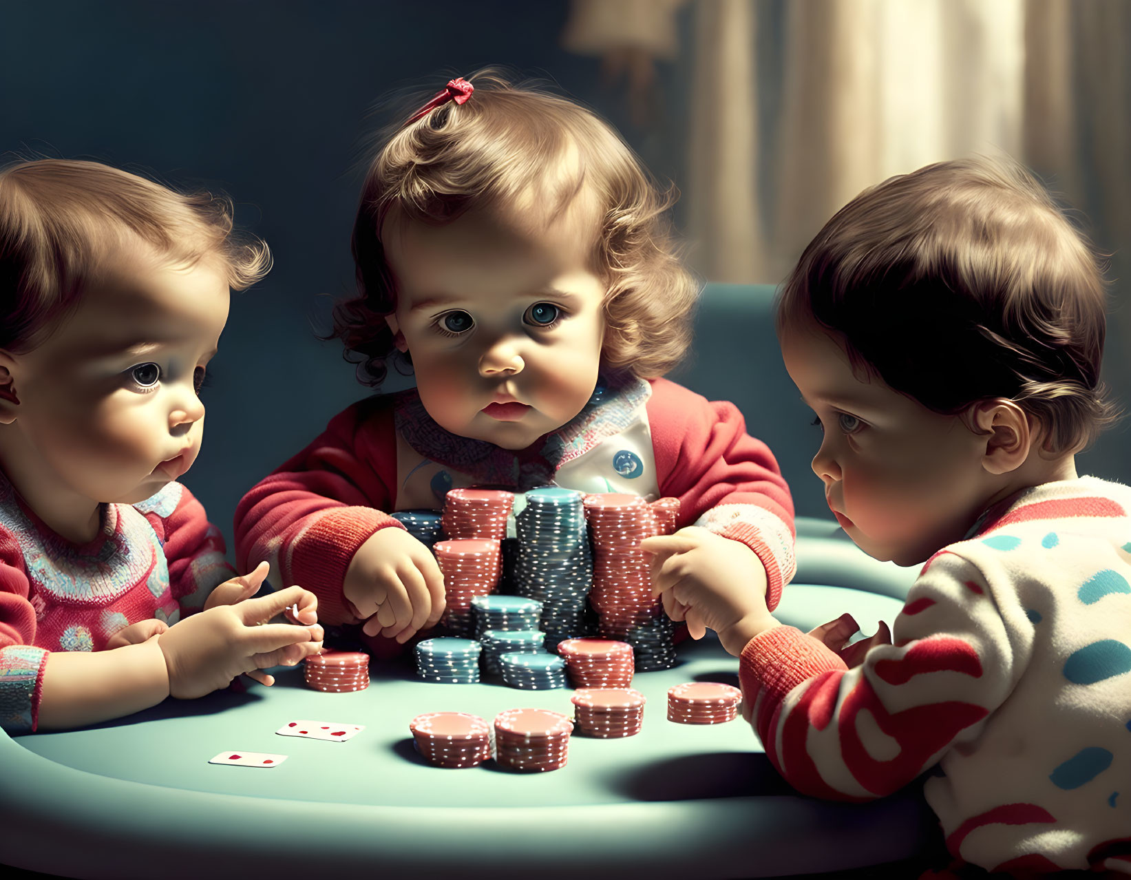 Three Toddlers Playing Poker with Chips and Cards