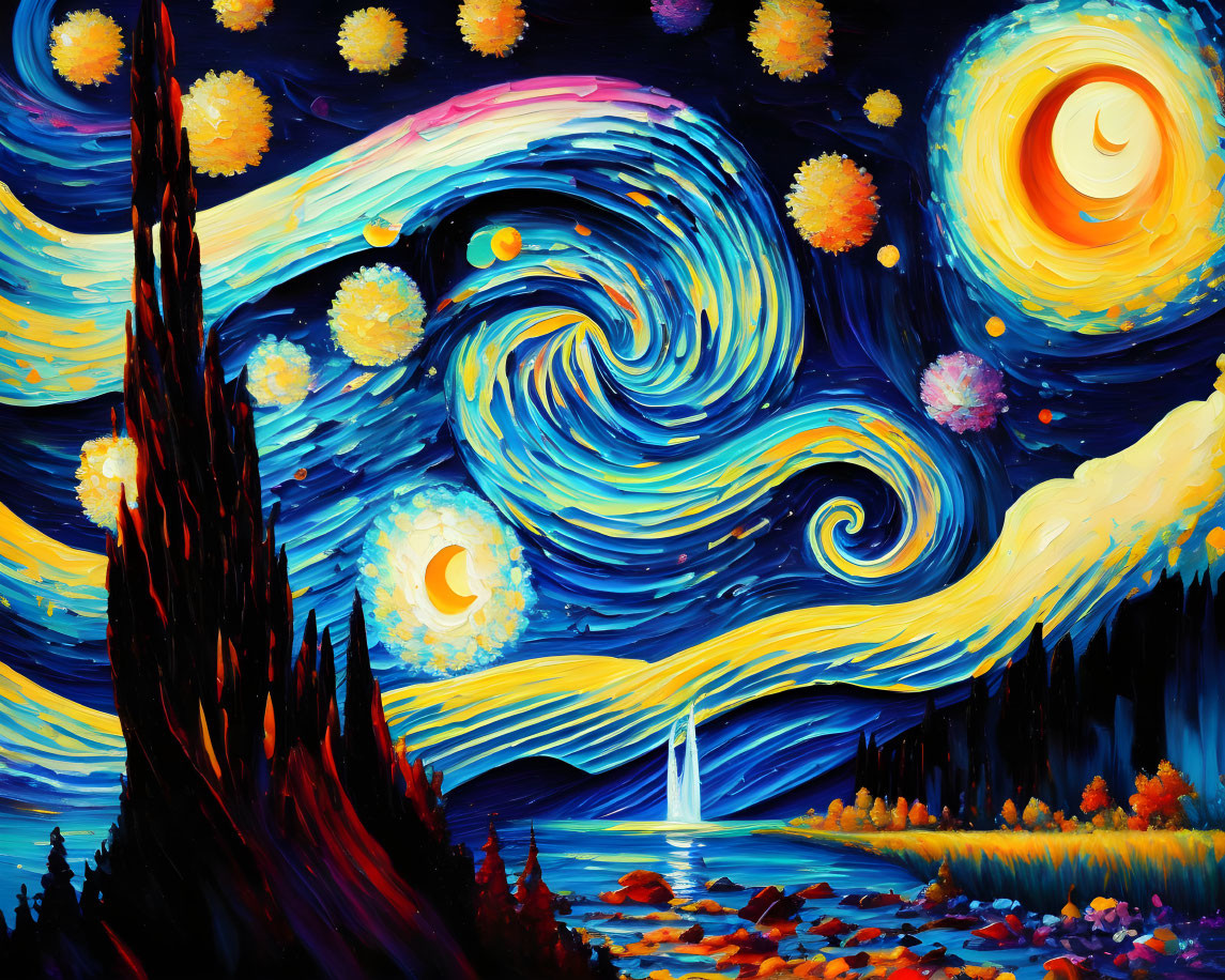 Stylized painting with swirling skies and celestial bodies