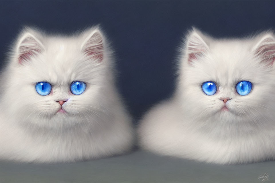 White fluffy kittens with blue eyes on blue background