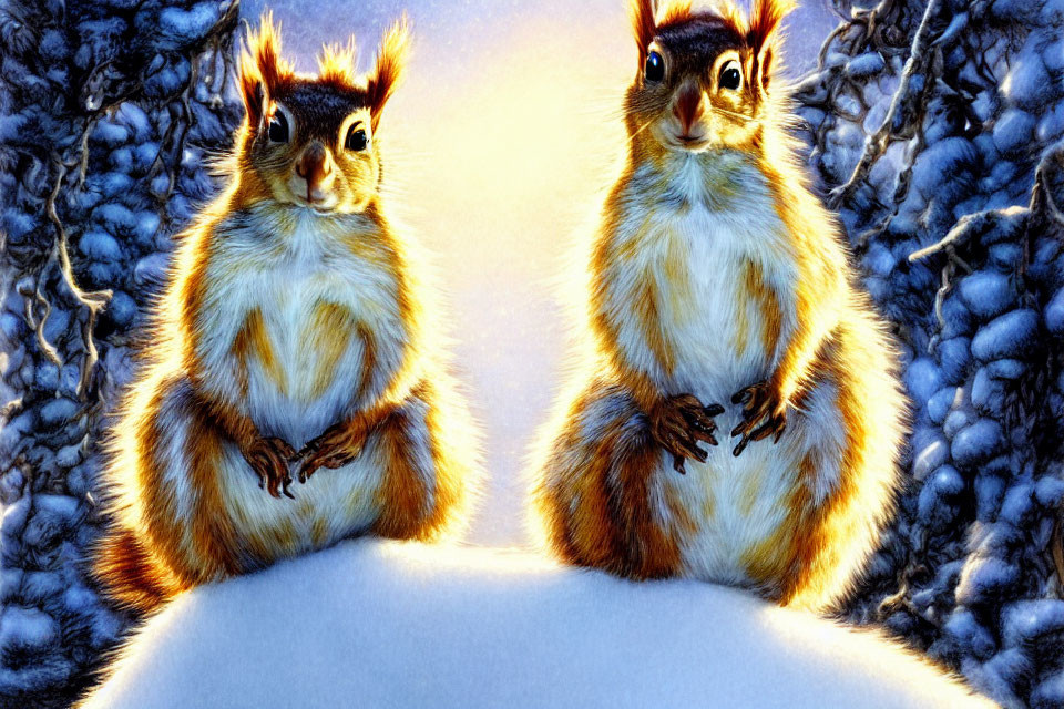 Symmetrical snowy scene with illustrated squirrels on snow