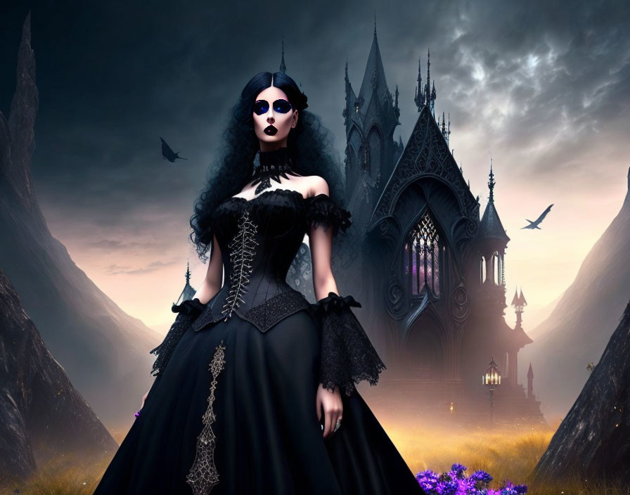 Gothic woman in black dress with dark castle backdrop