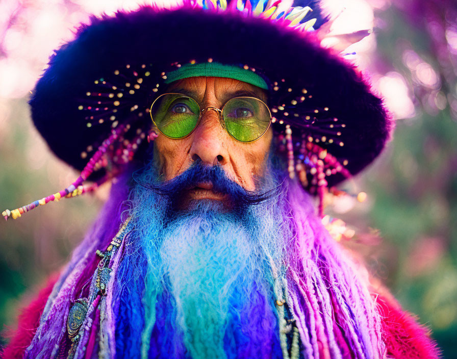 Vibrant portrait of man with dyed beard, green glasses, and ornate hat