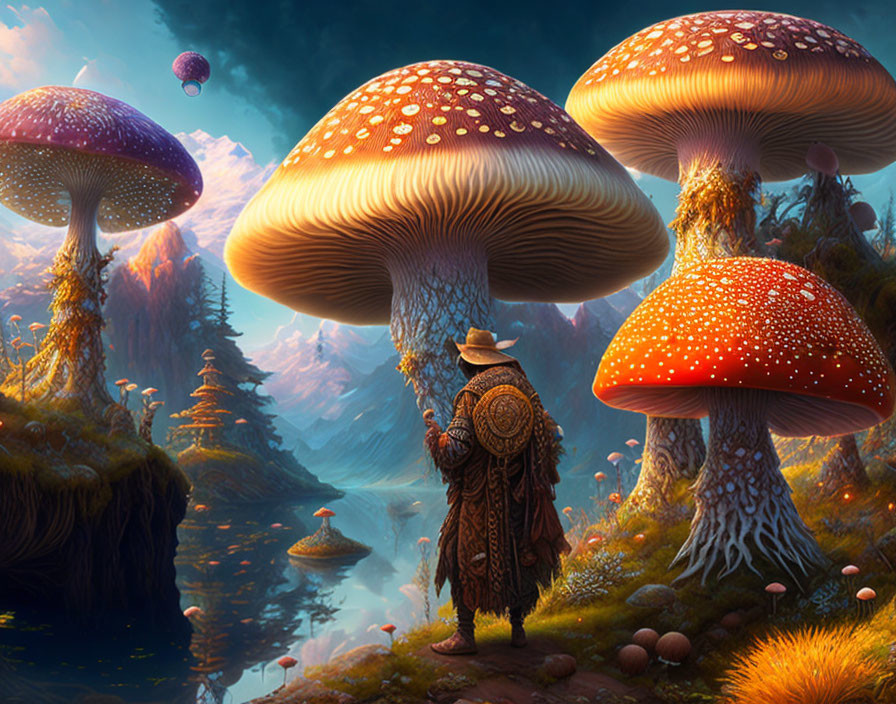 Traveler in cloak admires giant mushrooms in fantastical landscape with mountains, river, and balloon.