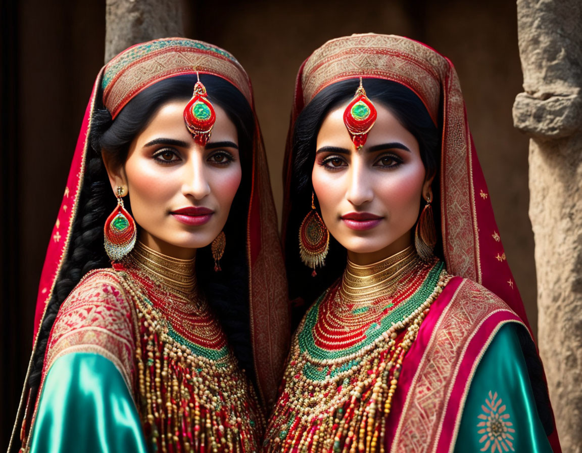 Traditional South Asian Attire: Two Women with Intricate Jewelry posing against Historical Building