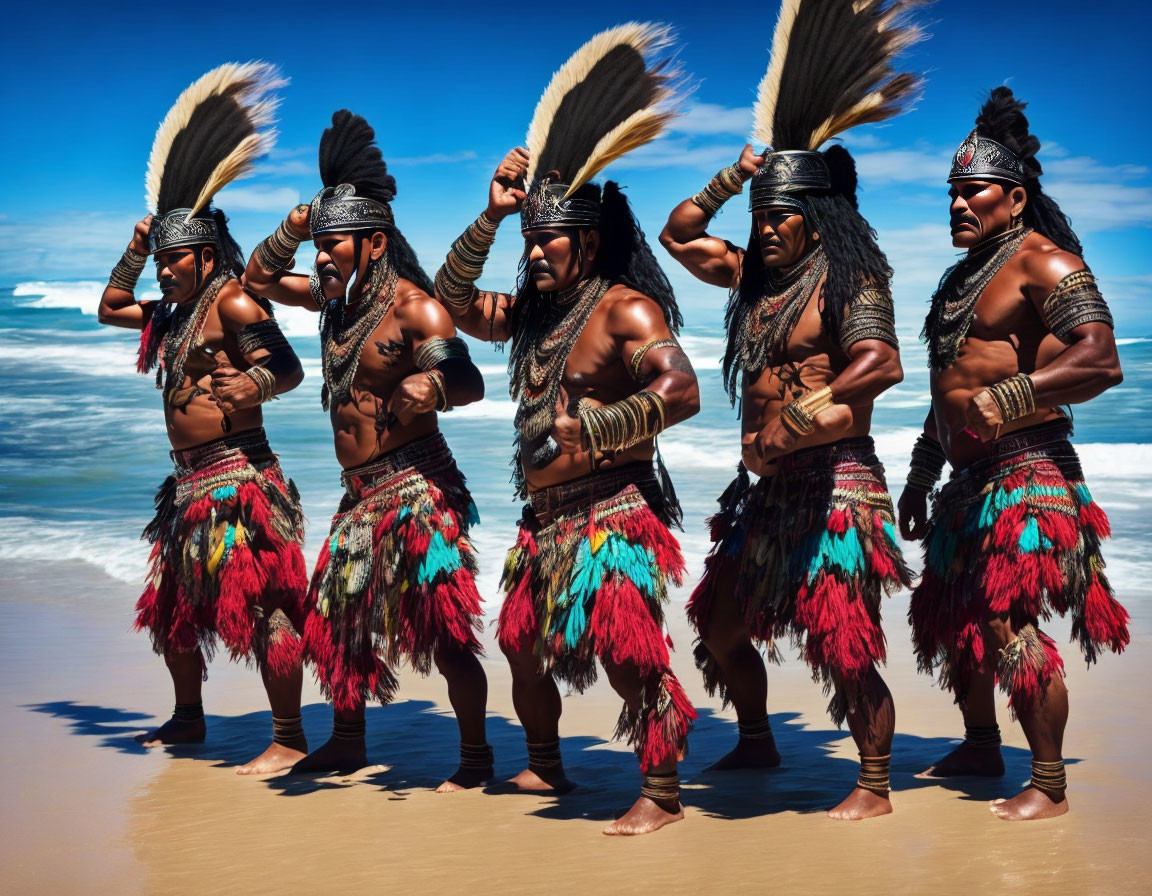 Indigenous individuals in traditional costumes dancing on sandy beach