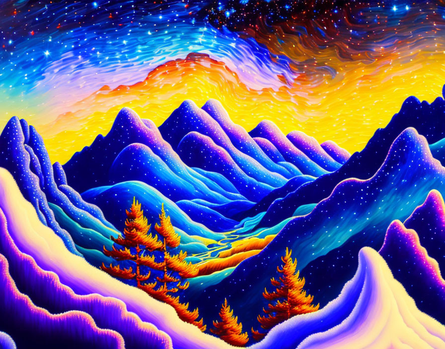 Surreal landscape painting with blue mountains and fiery sunset