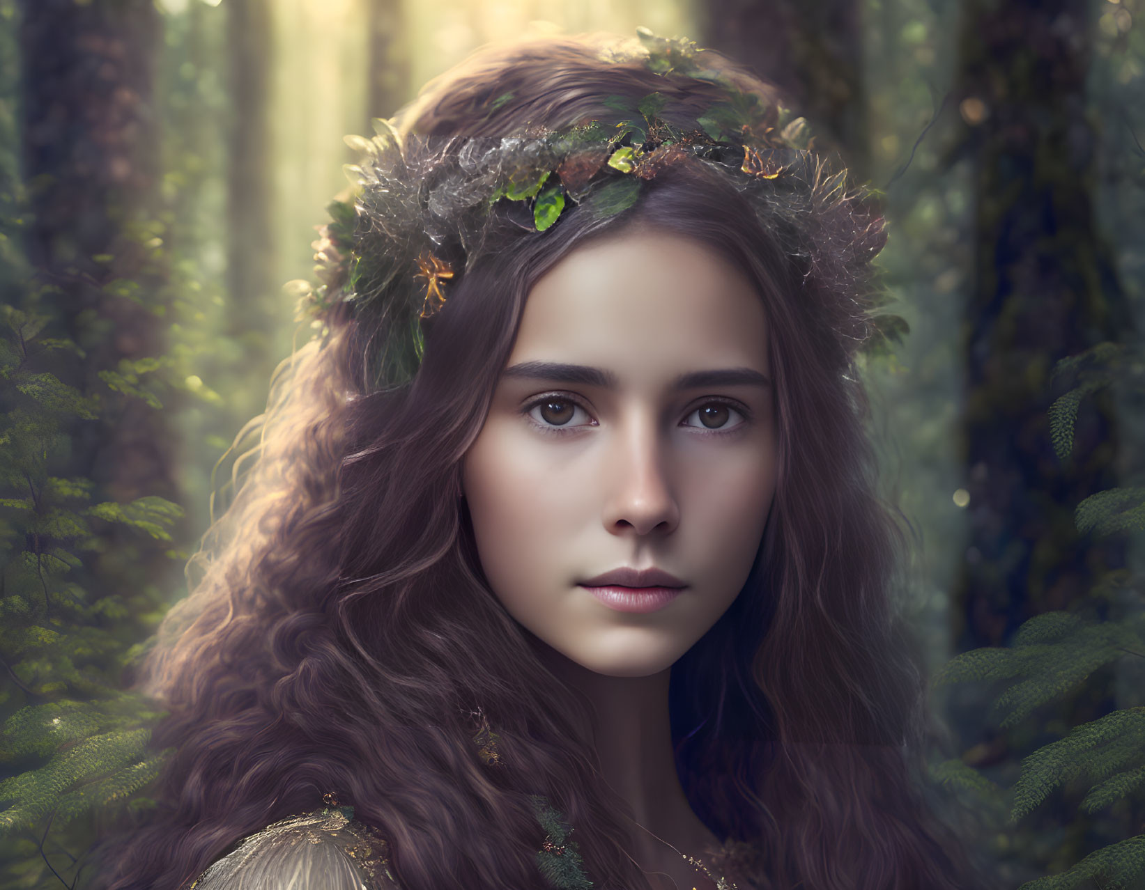 Young woman with leaf crown and serene expression in forest setting