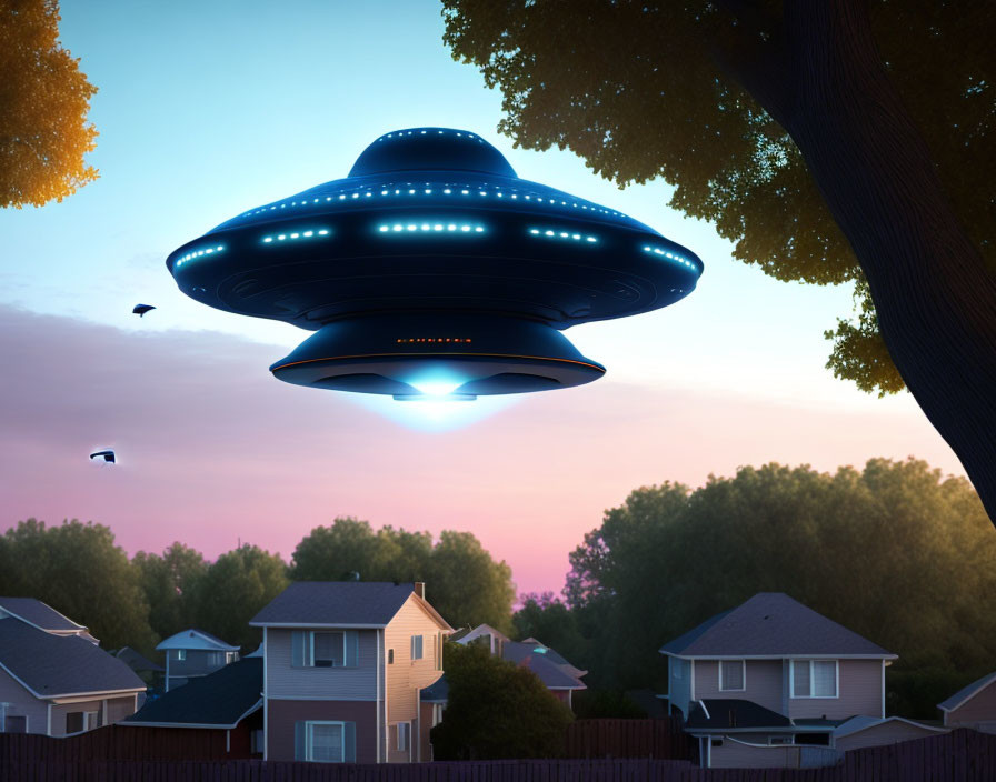 Enormous UFO with glowing lights over suburban houses at twilight