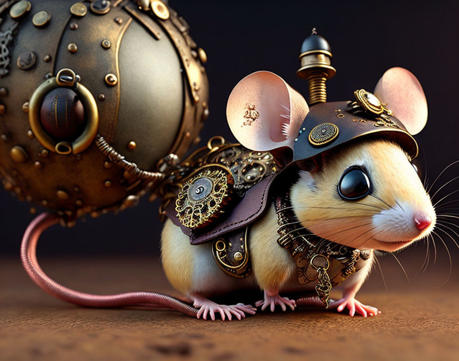 Steampunk-style digital artwork of a mouse with mechanical armor and spherical contraption.