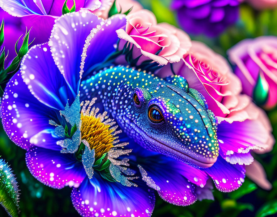 Colorful digital artwork: fantastical lizard among blooming flowers