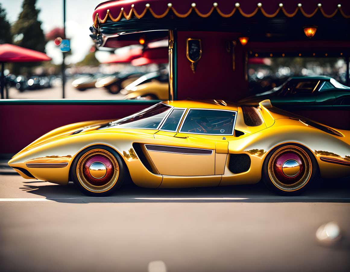 Vintage gold sports car parked in sunlight near retro diner and blurry background car.