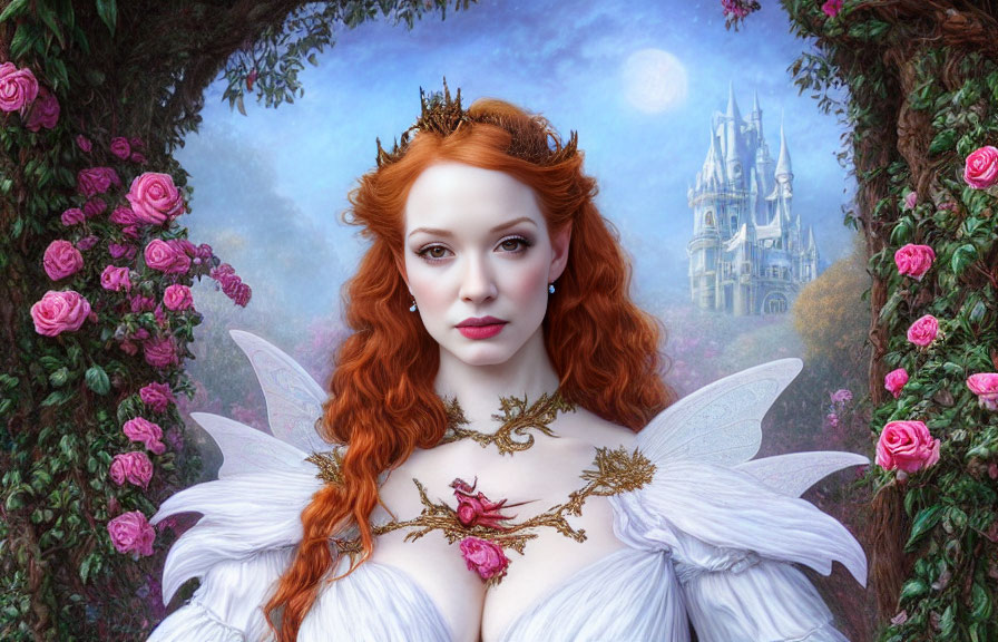 Fantastical portrait of a red-haired woman with elven ears and crown in front of fairyt