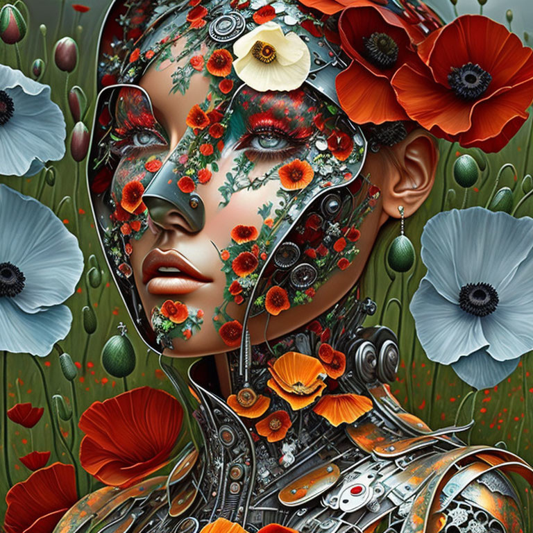 Digital artwork: Robotic figure fused with poppies and mechanical parts