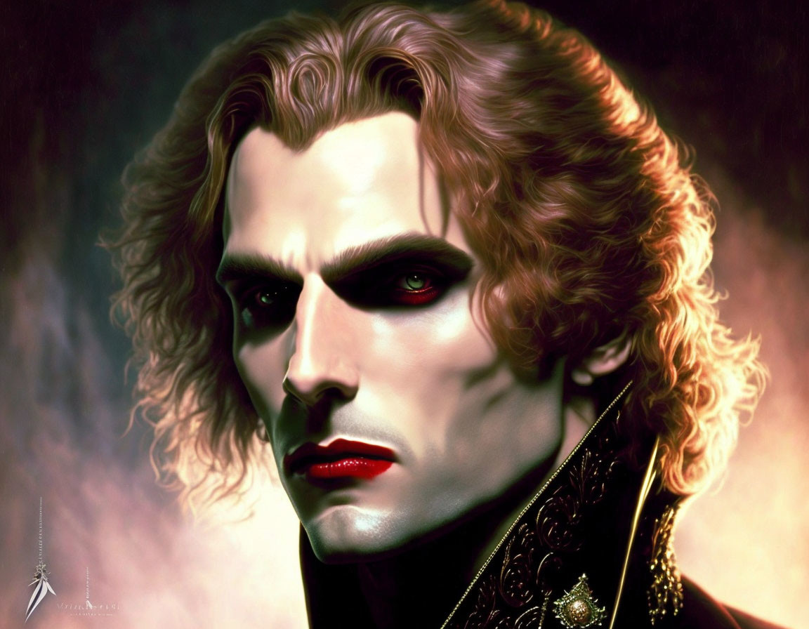 Detailed vampire illustration: pale skin, sharp features, curly brown hair, piercing eyes, red lips,