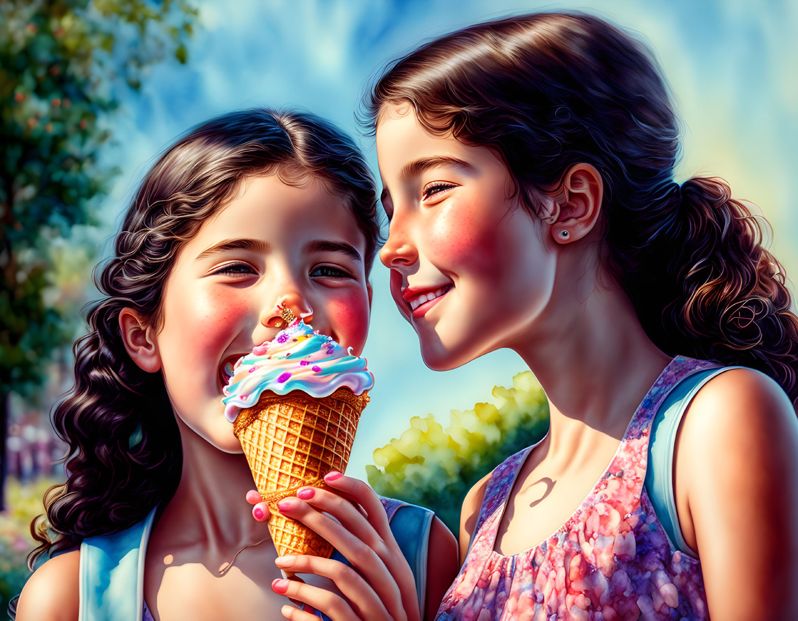 Two girls sharing ice cream on sunny day with trees.