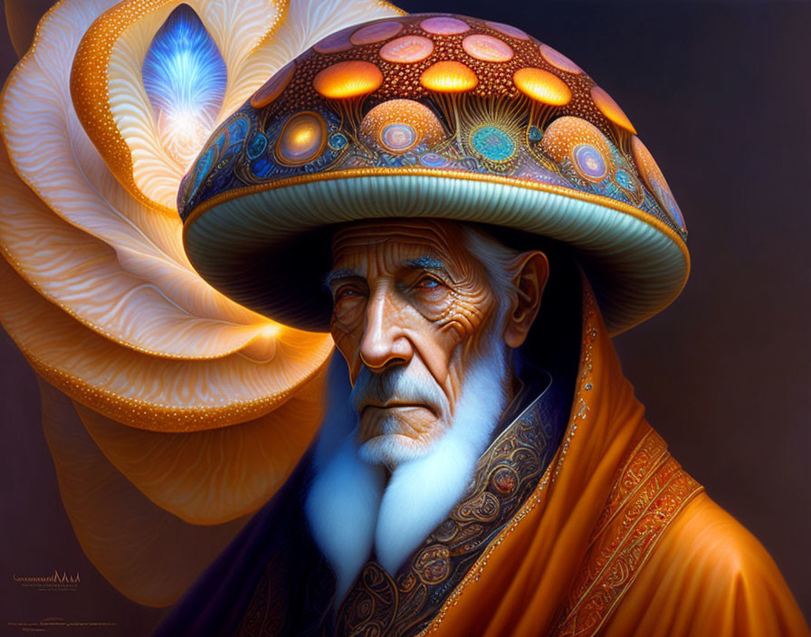 Elder with Beard in Robe and Mushroom Cap Hat on Dark Background