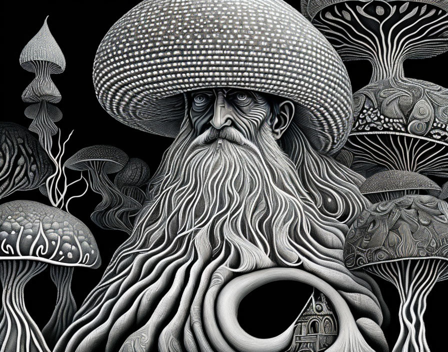 Monochrome illustration of bearded man with mushroom cap, surrounded by intricate plant designs