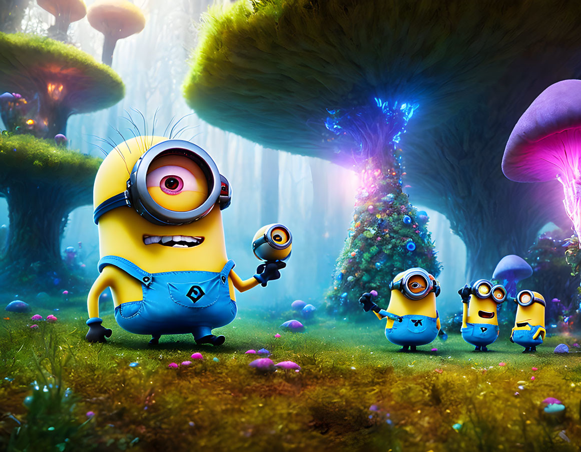 Animated minions in vibrant forest with oversized mushrooms & ethereal lighting