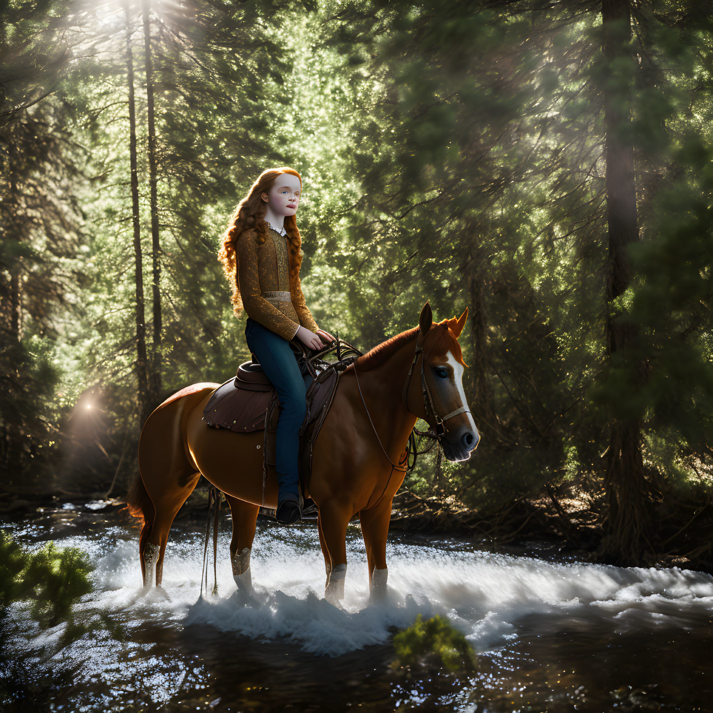 Young woman with red hair riding chestnut horse in sunlit forest stream