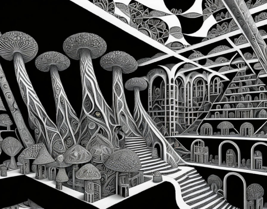 Detailed Black and White Surreal Landscape with Mushroom Structures