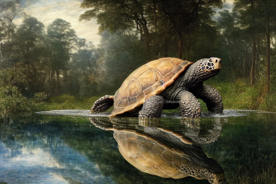 Brown-shelled tortoise by tranquil water in lush forest