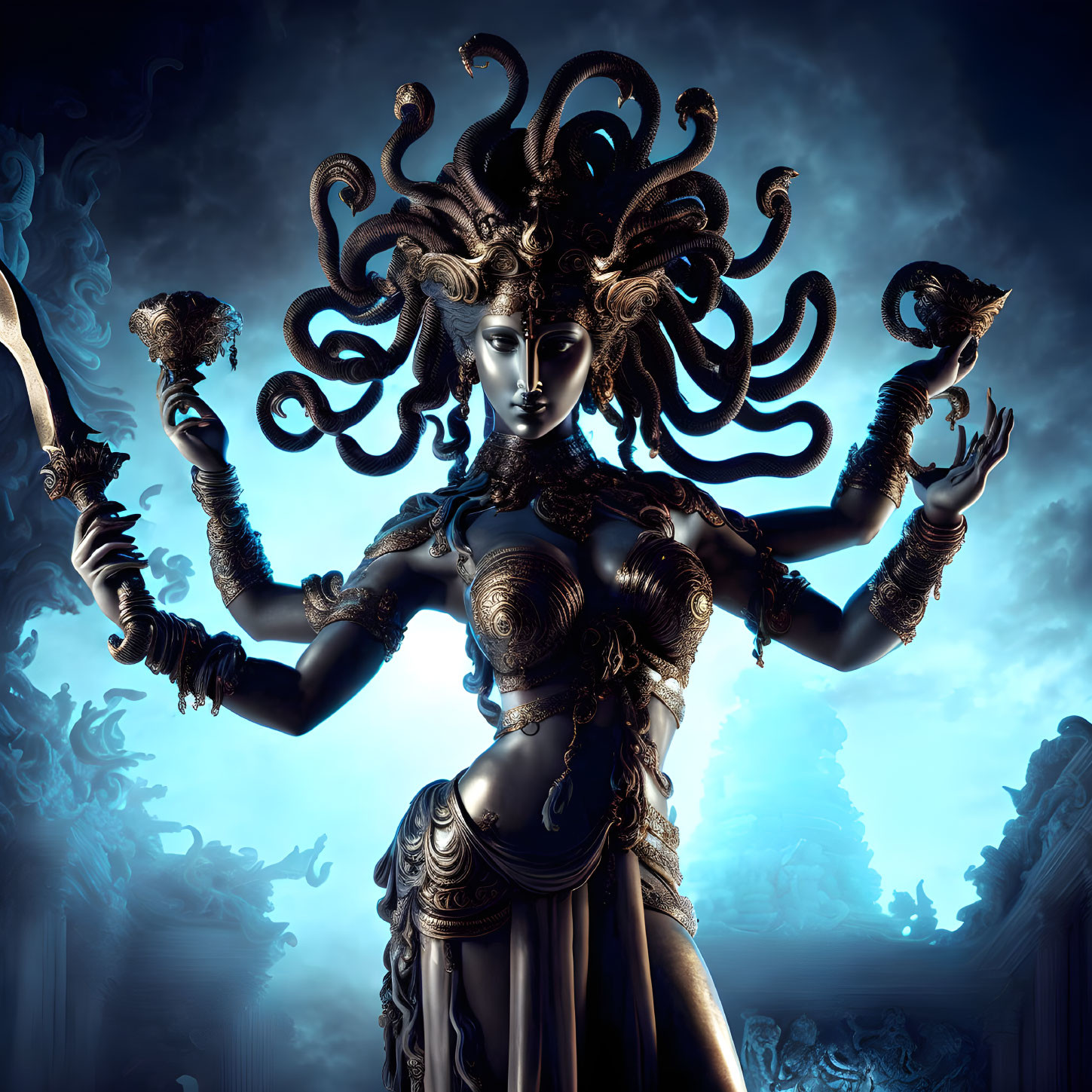 Mythical female figure with multiple arms in golden armor on blue background