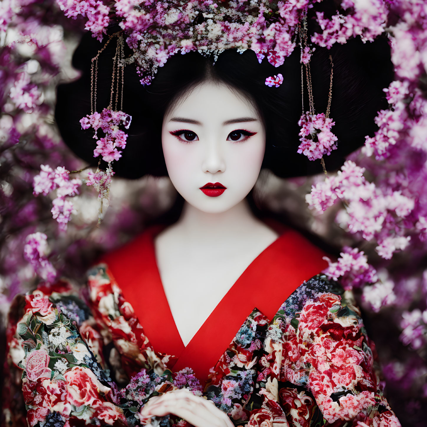 Person in Traditional Attire with Floral Headpiece Among Pink Blossoms