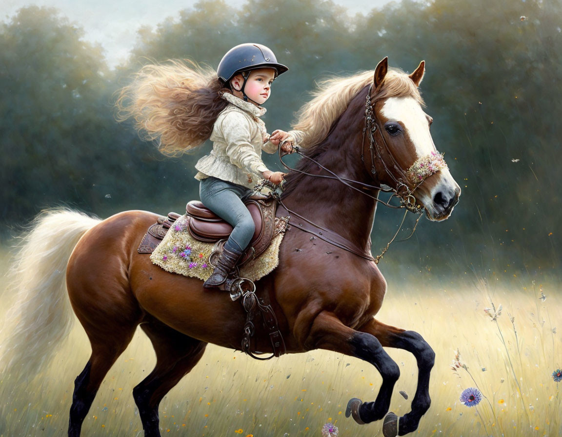 Young girl in riding helmet on palomino horse with flowers in lush meadow