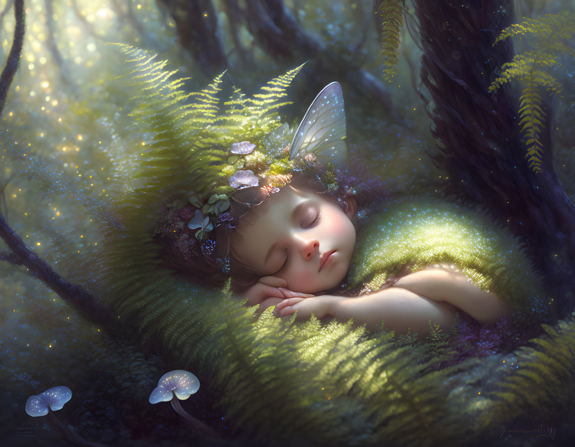 Illustration of sleeping child in magical forest setting