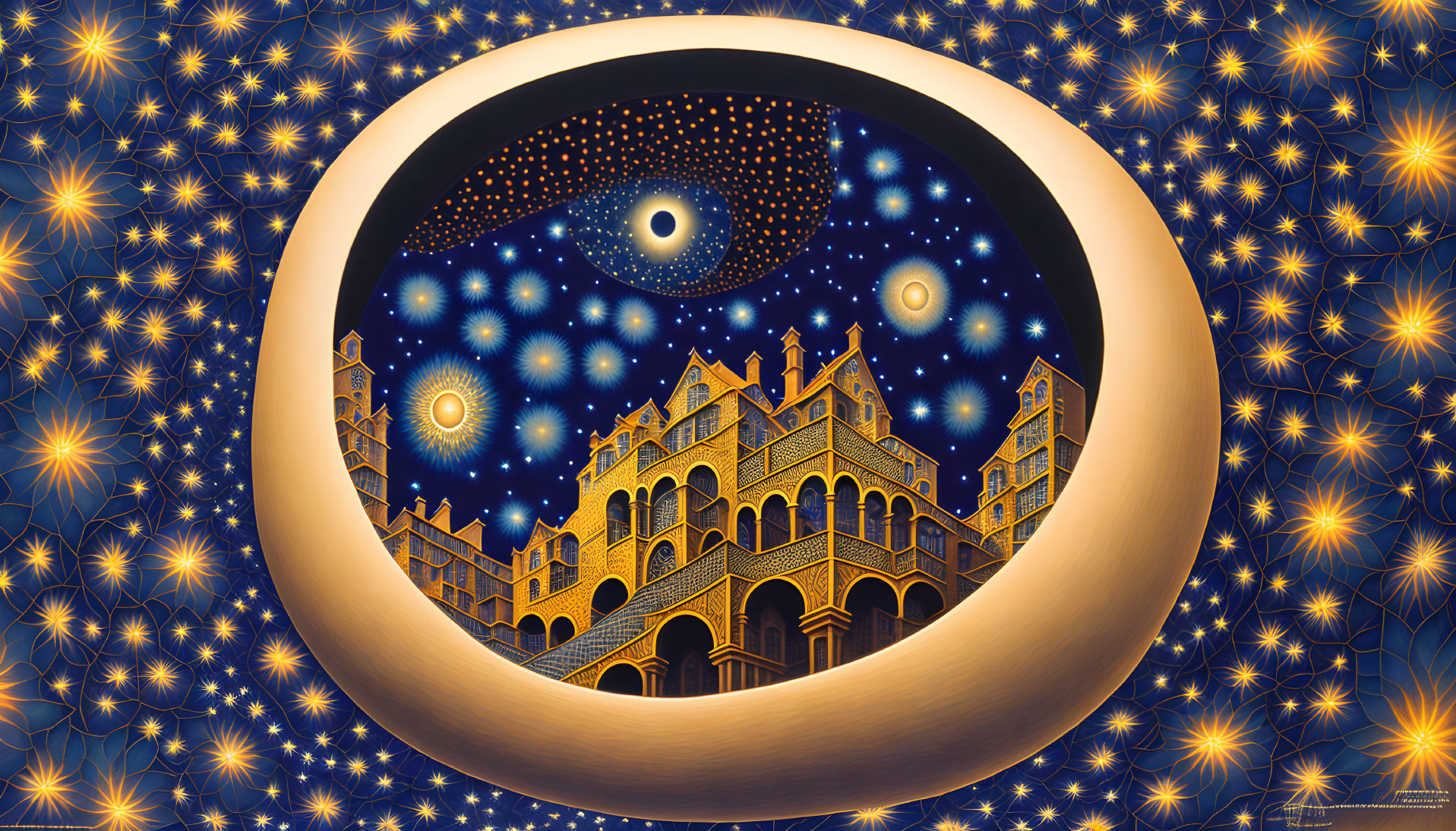 Surreal artwork: Eye-shaped window reveals starry night sky and golden castle.