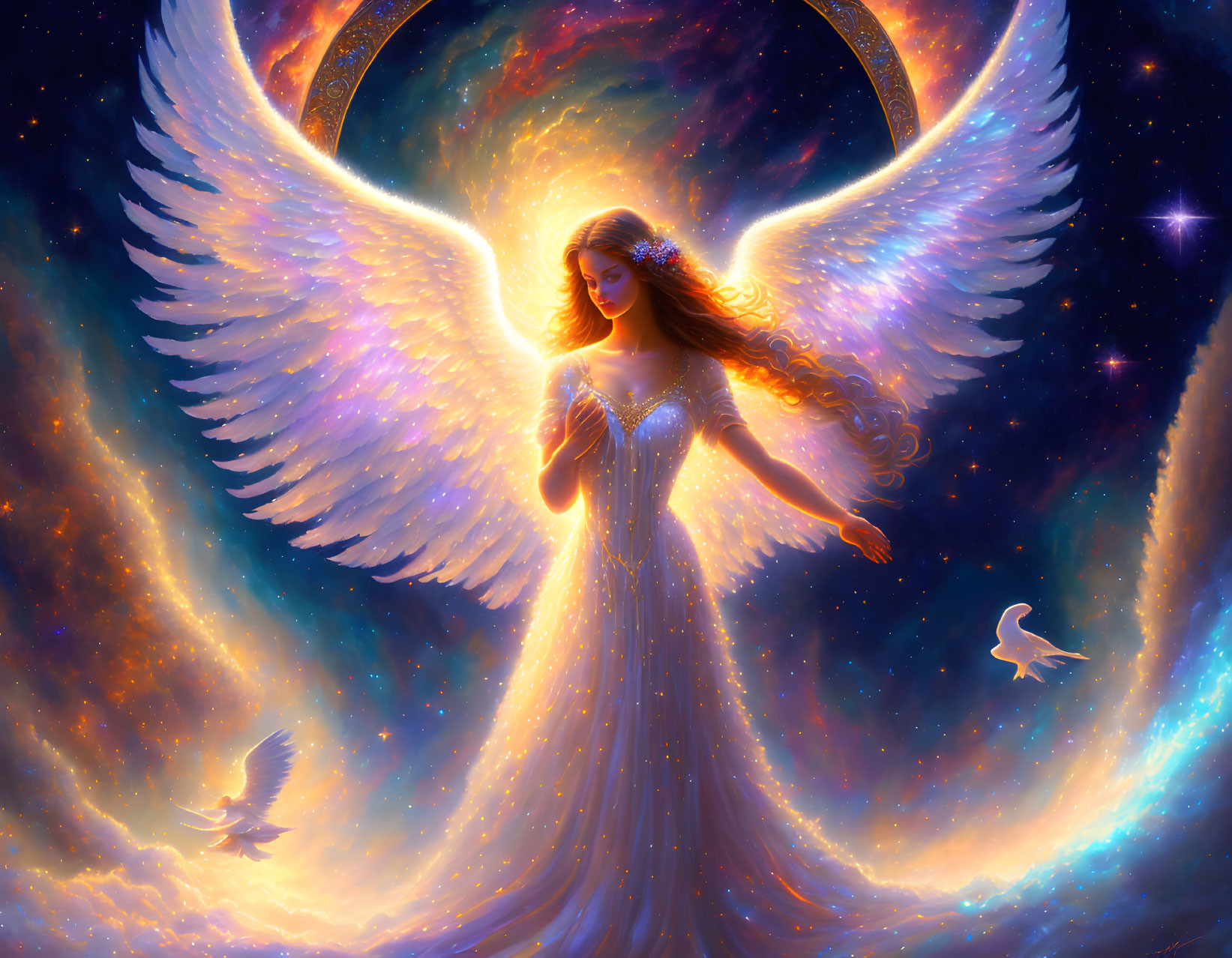 Glowing angel with wings in cosmic setting