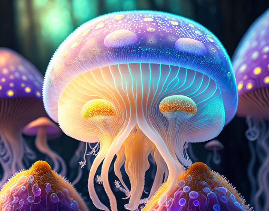 Vibrant digital artwork: Glowing bioluminescent jellyfish in blue and purple hues above