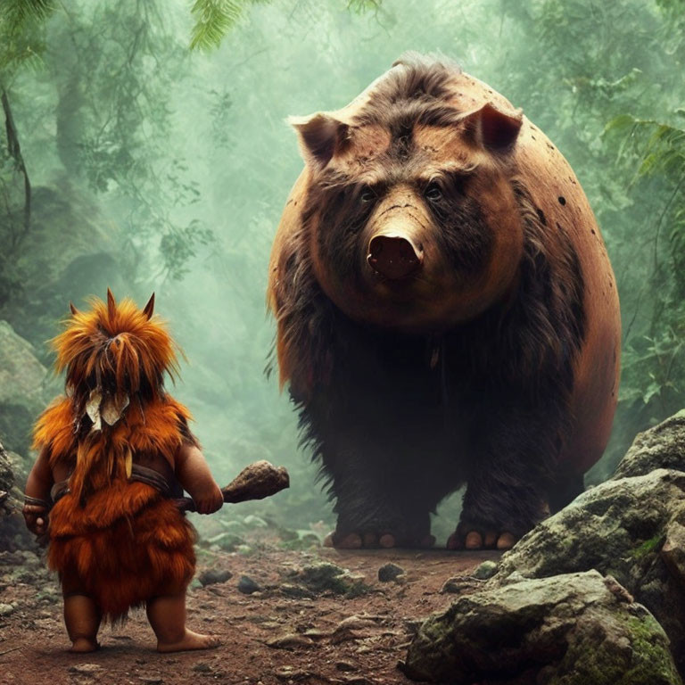 Small creature with club faces giant bear in misty forest