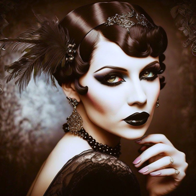 Vintage-inspired woman with bold black lipstick and dramatic eye makeup wearing feathered headpiece and jewelry.