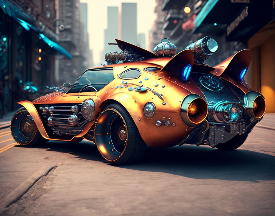 Futuristic retro-style car with orange-gold bodywork and elaborate exhaust pipes in city street scene