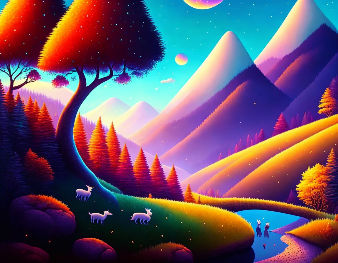 Colorful landscape with trees, mountains, deer, couple, and moon.