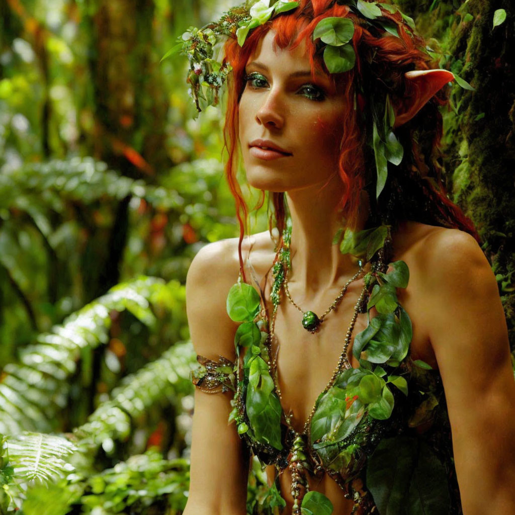 Red-haired woman with pointed ears in forest fairy attire in green woodland.