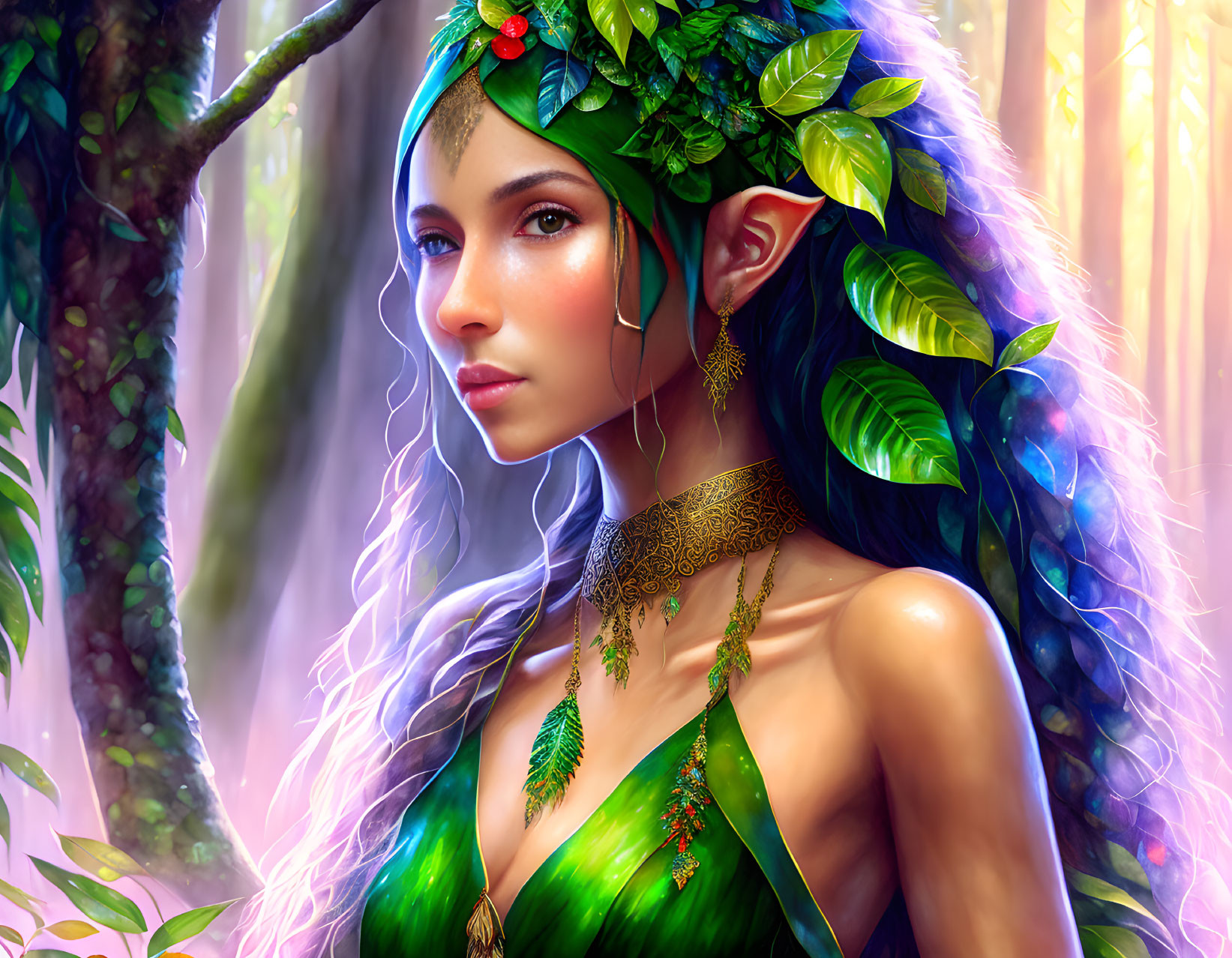 Fantasy elf woman in leafy headband in enchanted forest